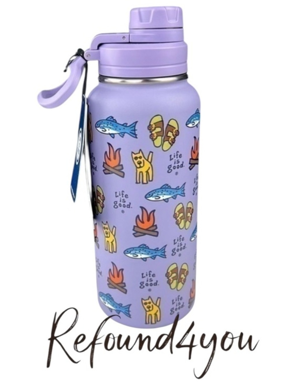 MEN - Life is Good - ‘Camp Fire & Fish’ 32oz insulated water bottle. Purple. NWT